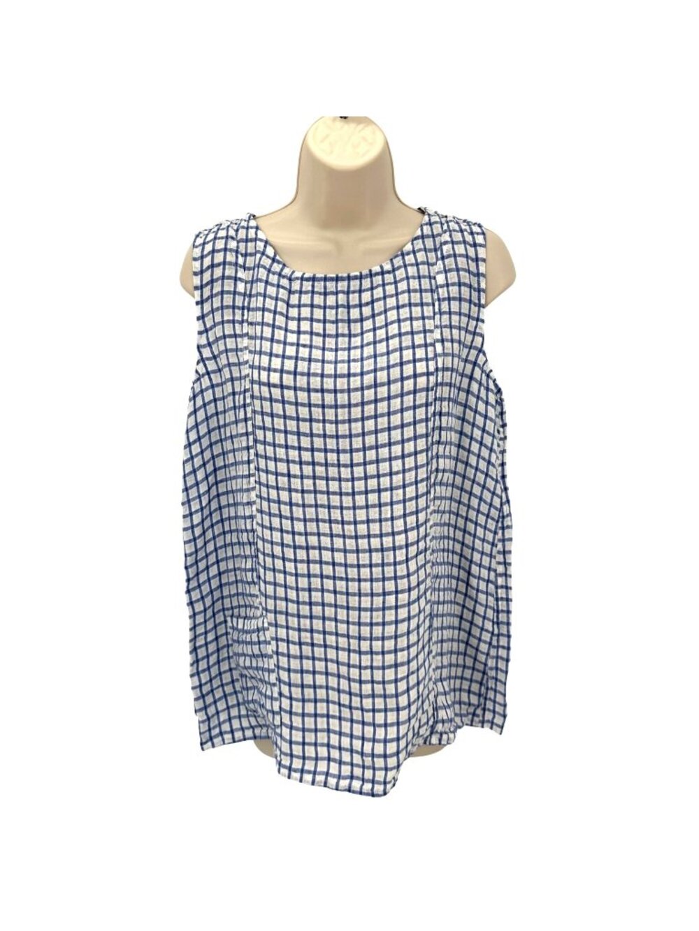 NWOT Flax Womens Blue & White Checkered 100% Linen Pocket Sleeveless Top Size S